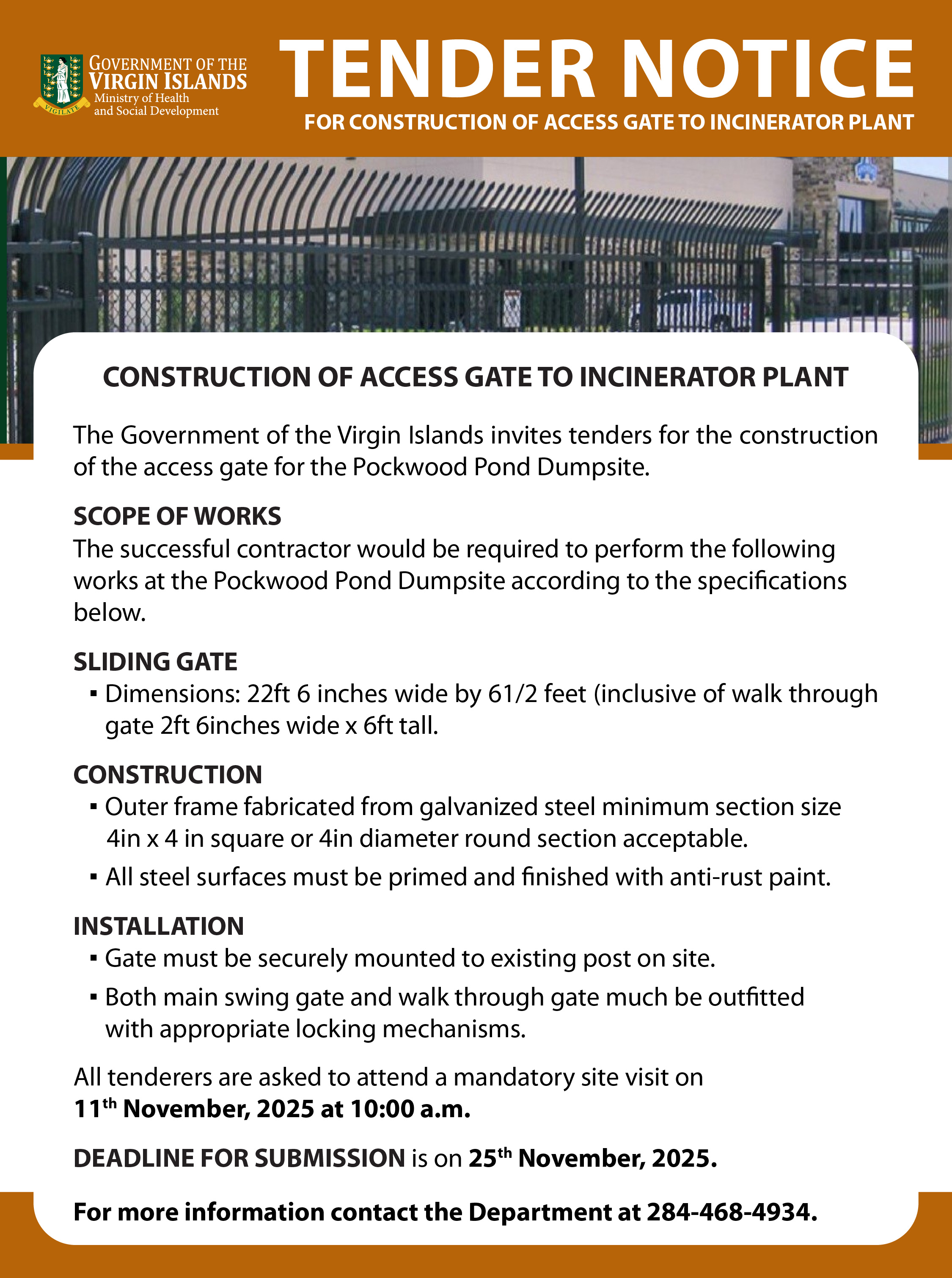 Tender Notice for Construction of Access Gate to Incinerator Plant | GOV.VG