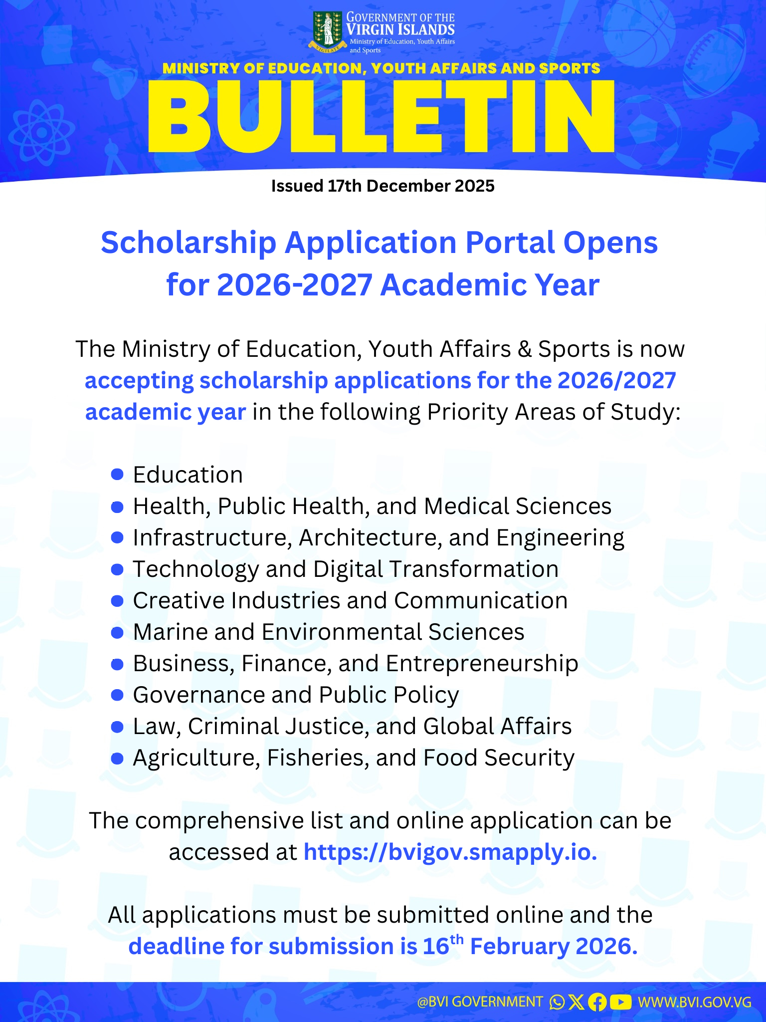 Scholarship Application Portal Opens for 2026-2027 Academic Year | GOV.VG