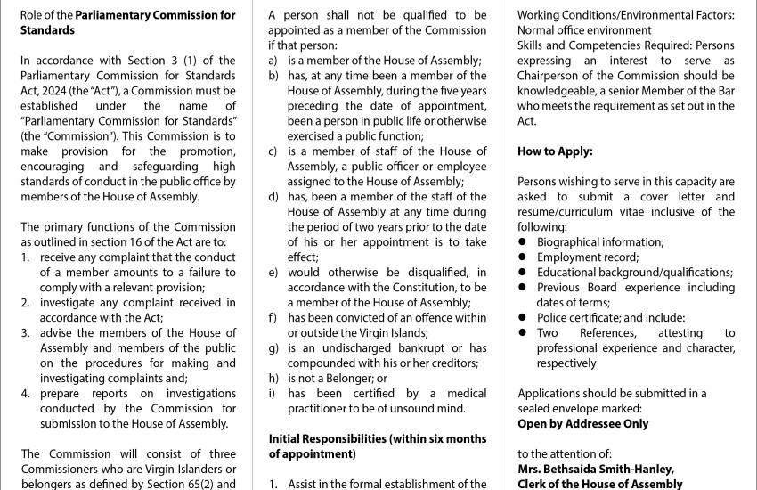 Vacancy Notice - Chairperson of the Parliamentary Commission for Standards 2