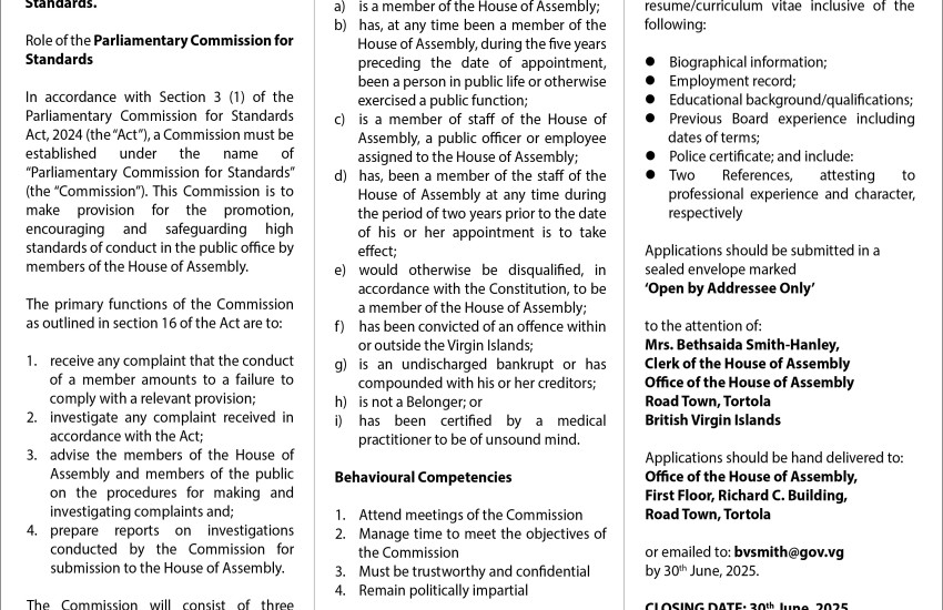 Vacancy Notice - Commissioner Of The Parliamentary Commission For Standards