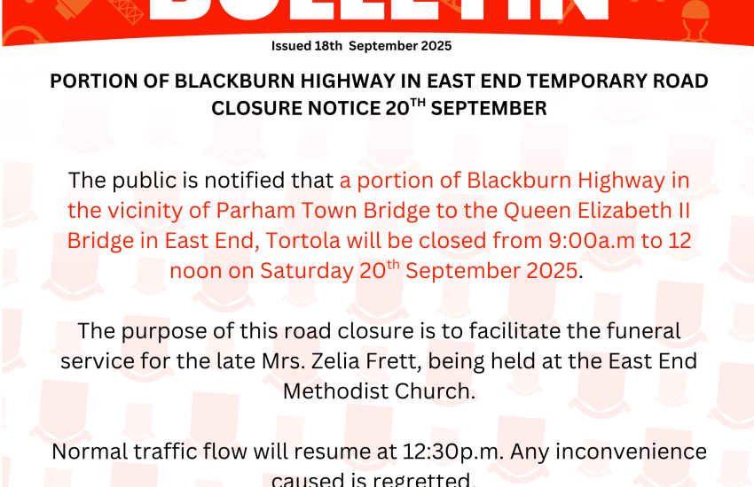 Portion of Blackburn Highway in East End Temporary Road Closure Notice 20th September