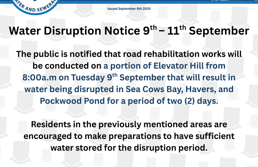 Water Disruption Notice 9th – 11th September (Sea Cows Bay to Pockwood Pond))