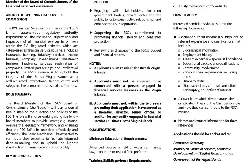Vacancy Notice - Member of the Board of Commissioners of the Financial Services Commission