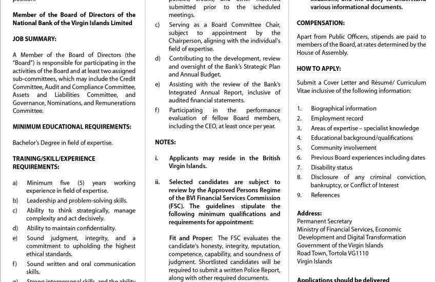 Vacancy Notice National Bank of the Virgin Islands Limited BOD Member - Jan 20-26_Full Page