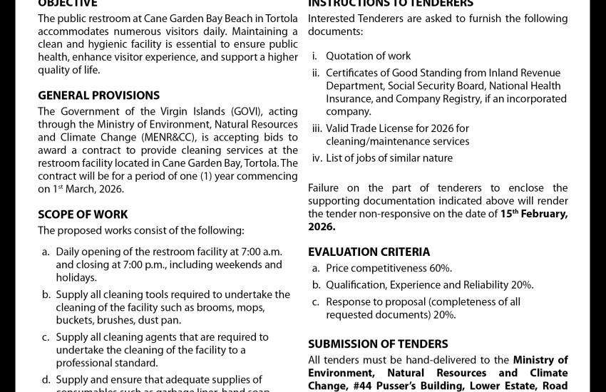 VI Government Seeks Cleaning Services for Restroom Facility At Cane Garden Bay Beach,