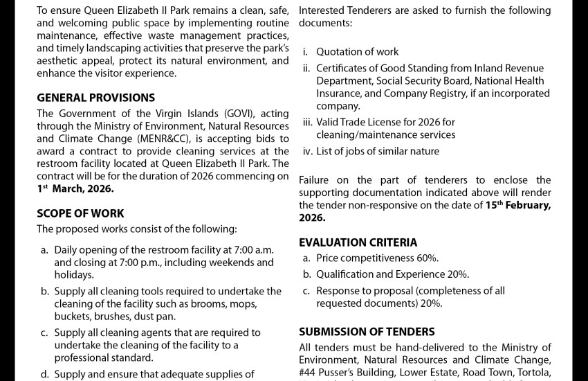 VI Government Seeks Cleaning Services for Restroom Facility at QEII park