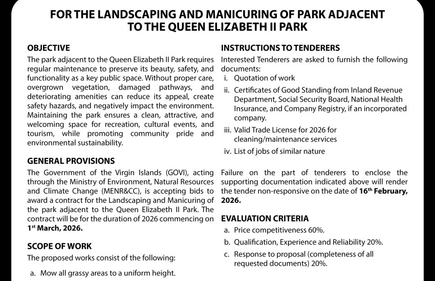 VI Government  Seeks Professionals for Landscaping and Manicuring of the Park Adjacent to the QEII Park