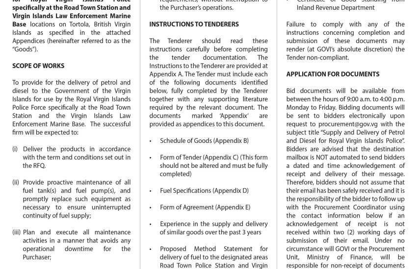 The VI Government Invites Submission of Tenders for the Supply and of Petrol and Diesel. 
