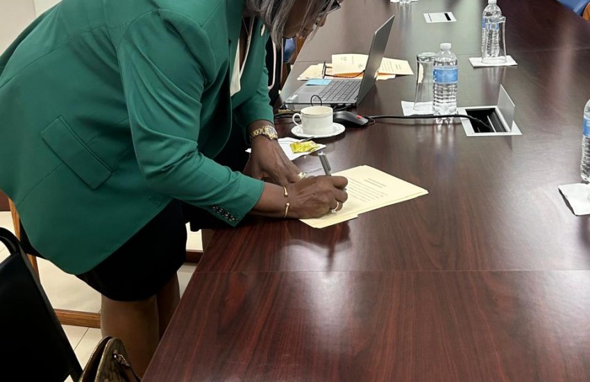 Acting Minister for Education, Youth Affairs and Sports, Honourable Luce Hodge-Smith, is pictured following her first Cabinet Meeting with Acting Governor Rosalie Adams, Premier and Minister of Finance, Honourable Dr. Natalio D. Wheatley, Minister for Health and Social Development, Honourable Vincent O. Wheatley, Attorney General, Honourable Dawn J. Smith, and Cabinet Secretary, Ms. Sandra Ward.