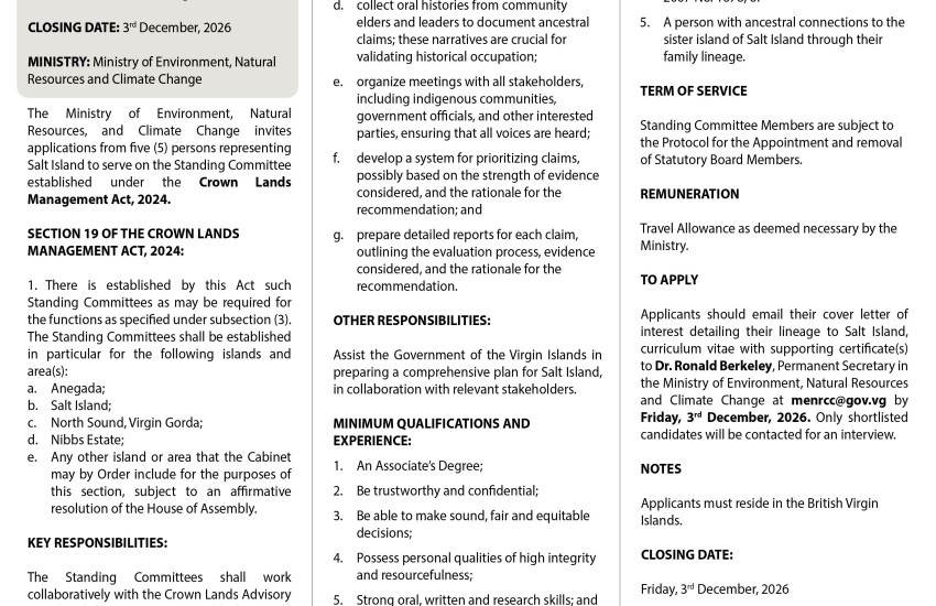 VI Government Seeks applicants from salt Island to serve on the Standing Committee