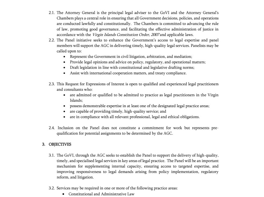 Legal Services Panel for the Government of the Virgin Islands 2