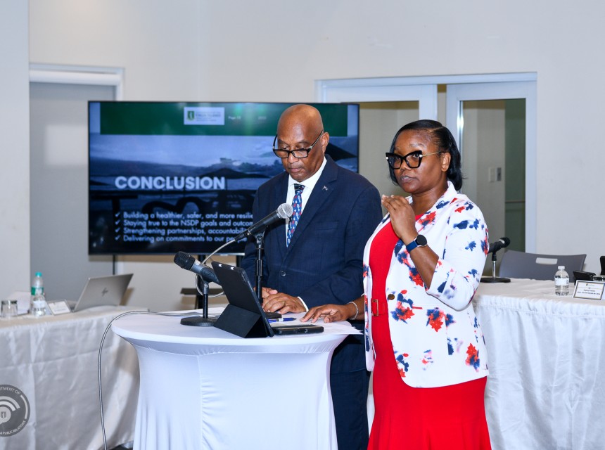 Minster for Health and Social Development Honourable Vincent O. Wheatley and Permanent Secretary Miss Tasha Bertie