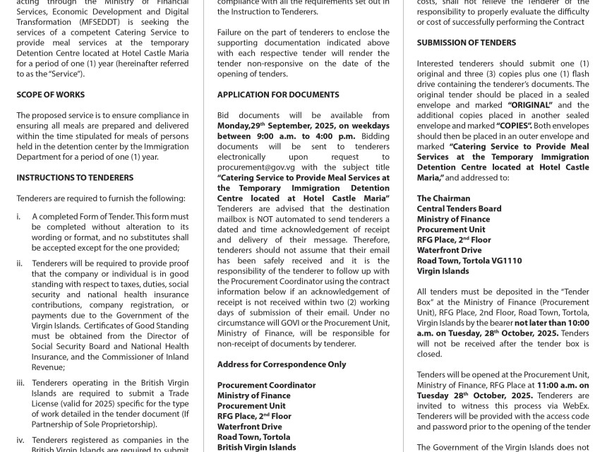 Ministry of Financial Services Seeks Catering Service