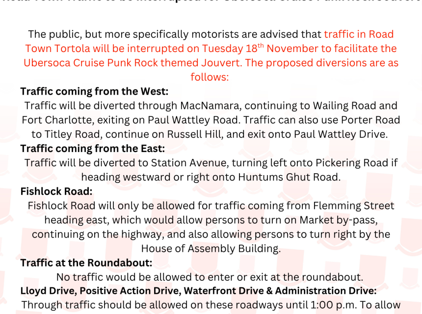 Road Town Traffic to be Interrupted for Ubersoca Cruise Punk Rock Jouvert