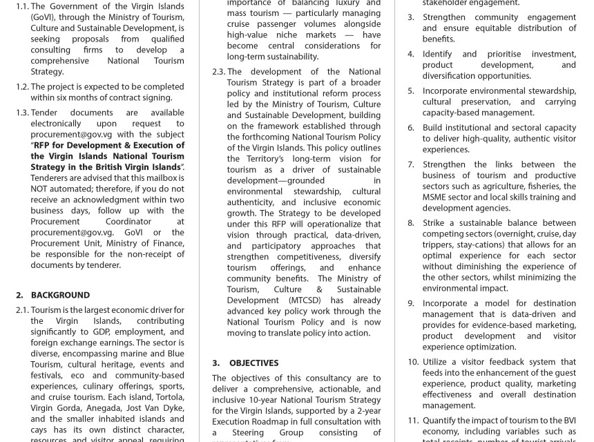 Page 1 of a Virgin Islands government tender notice detailing consultancy services for tourism development, including scope of work and stakeholder engagement.