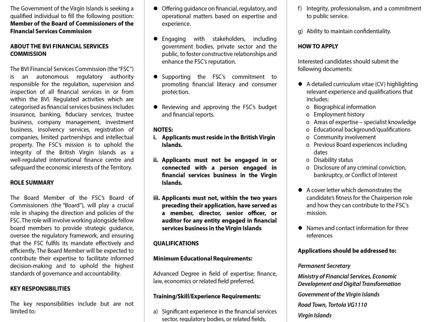 Vacancy Notice - Member of the Board of Commissioners of the Financial Services Commission