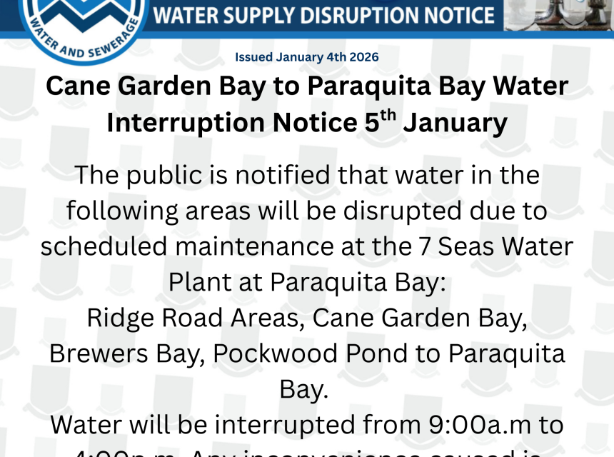 Cane Garden Bay to Paraquita Bay Water Interruption Notice 5th January