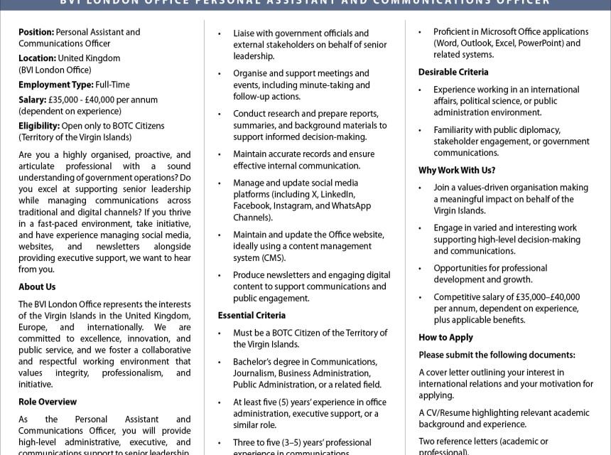 Personal Assistant and Communications Officer - BVI London Office