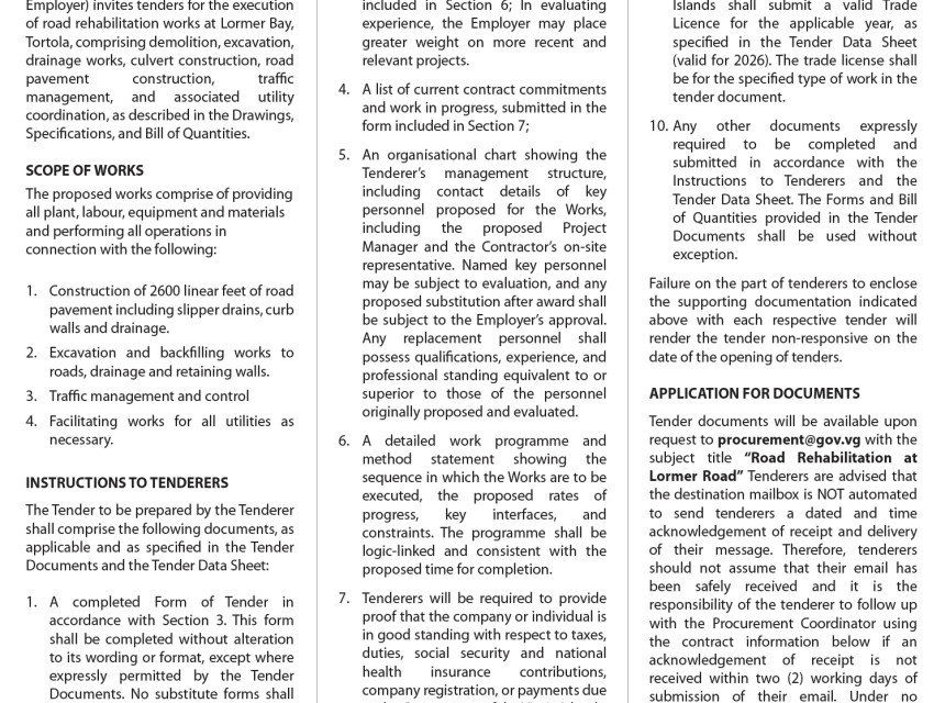 The VI Government invites tenders for the execution of road rehabilitation works