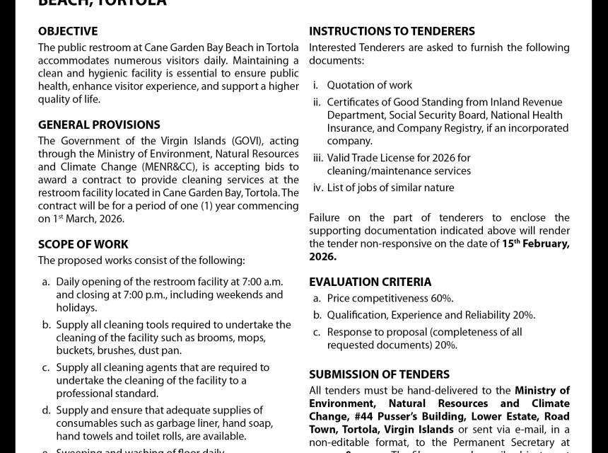 VI Government Seeks Cleaning Services for Restroom Facility At Cane Garden Bay Beach,