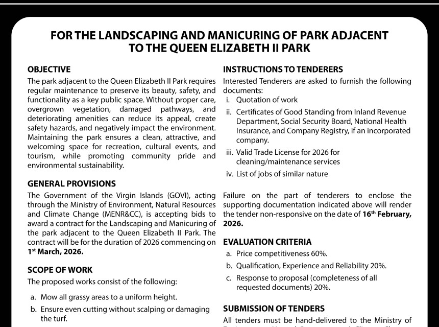 VI Government  Seeks Professionals for Landscaping and Manicuring of the Park Adjacent to the QEII Park