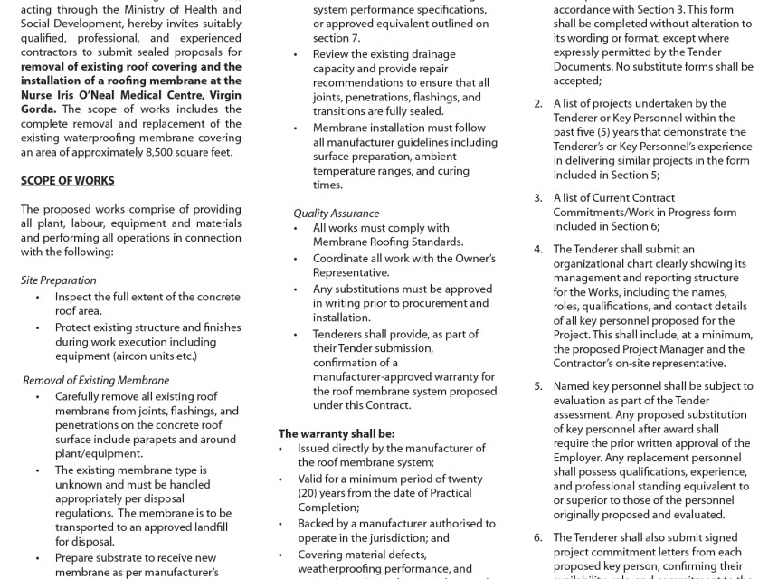 VI Government Seeks Qualified Professionals to Remove and Install Roof for Medical Centre in VG.