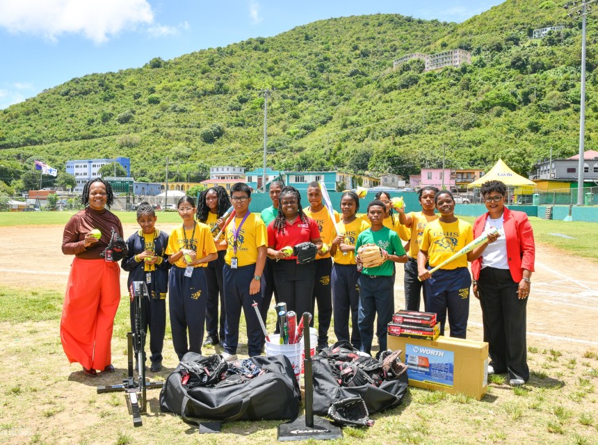 ESHS Students and MEYAS Heads Group Photo with Softball Equipment