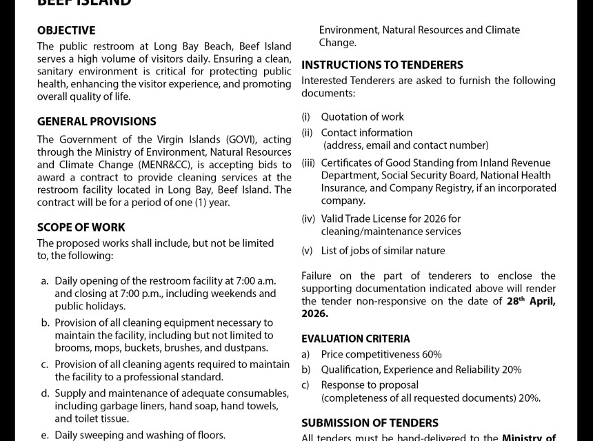 The VI Government Seeks Qualified Cleaning Services for Rest Room Facility at Long Bay 
