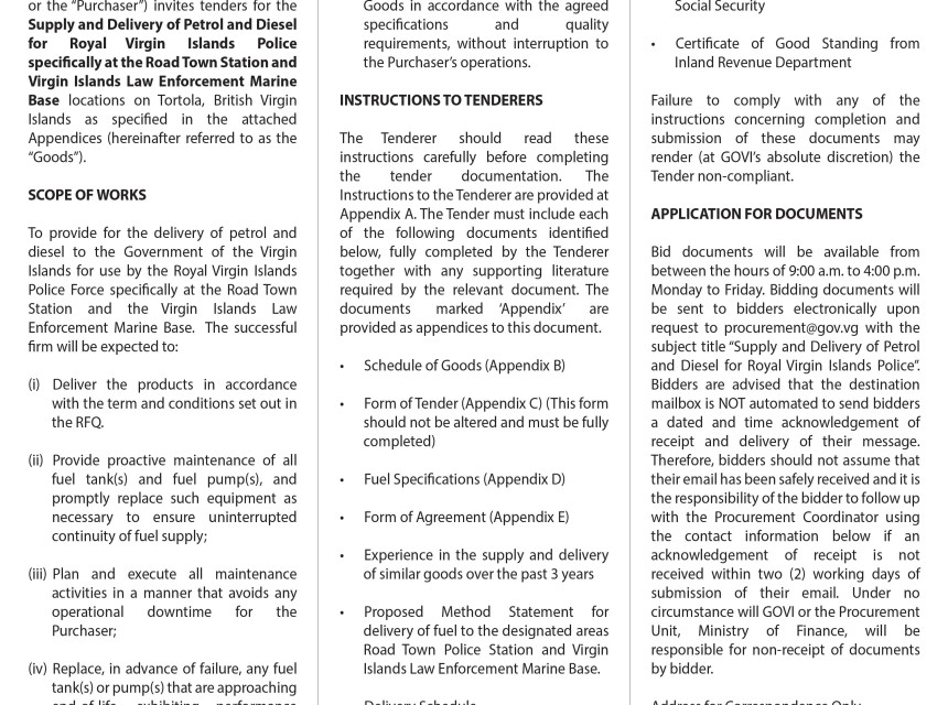 The VI Government Invites Submission of Tenders for the Supply and of Petrol and Diesel. 