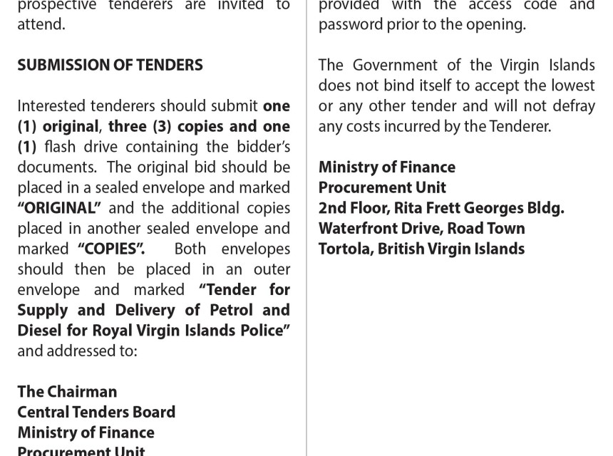 The VI Government Invites Submission of Tenders for the Supply and of Petrol and Diesel. 
